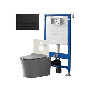 Сет: Система инсталляции Point Элемент для подвесного унитаза PN45120 + Клавиша смыва для инсталляции Point Меркурий, черная матовая, PN44831BM + Унитаз подвесной Point Вега безободковый, сер мат, PN41711GM