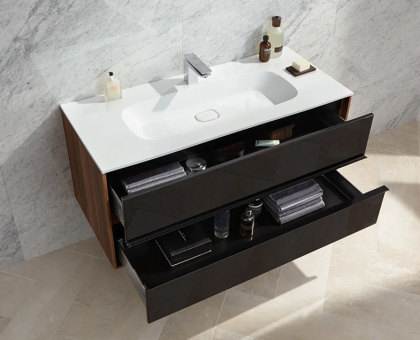 Шкаф Metropole 80 см с раковиной Infinit из искусственного камня, c 2мя ящиками,  цвет сливовое дерево, фасад черное акриловое стекло