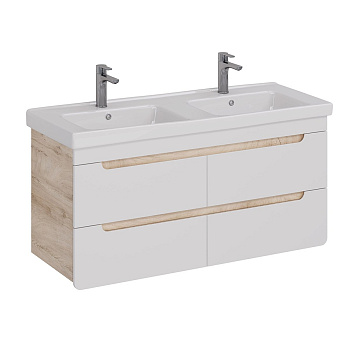 Тумба Lemark OLIVIA 125см под 2 раковины, подвесная,4 ящика, цвет корпуса: Дуб кантри, цвет фасада: Белый глянец