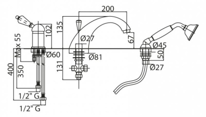 VINTAGE-BVDM-03/24-Sw Смеситель на борт ванной однорычажный с выдвижным душем и переключателем, золото VINTAGE-BVDM-03/24-Sw Смеситель на борт ванной однорычажный с выдвижным душем и переключателем, золото