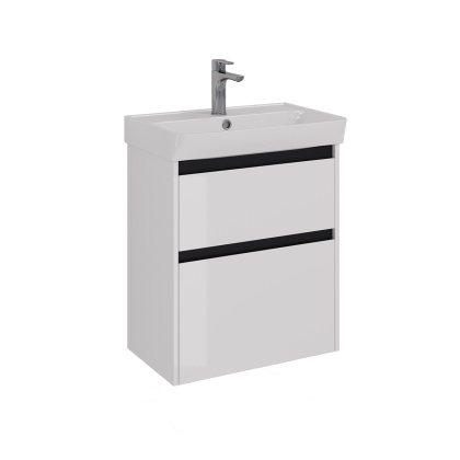 Тумба Lemark COMBI 60см под 1 раковину, подвесная/напольная, 2 ящика, цвет планки: Чёрный, цвет корпуса, фасада: Белый глянец