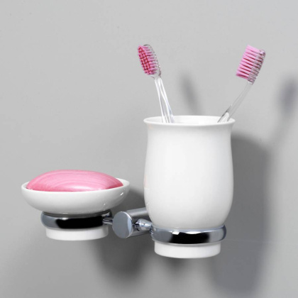 Стакан для зубных щеток с мыльницей, 20х11,8х10,2 см, хром и белый, K-24226