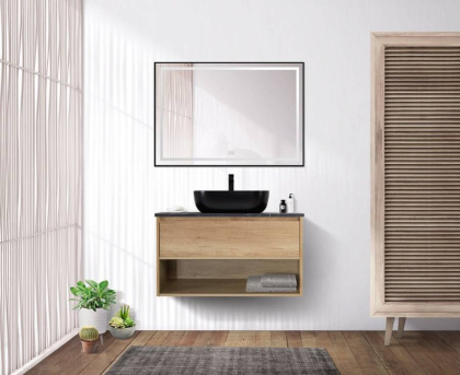 Тумба c раковиной подвесная с одним ящиком и одной открытой полкой BelBagno KRAFT 100 Rovere Tabacco, раковина белая Тумба c раковиной подвесная с одним ящиком и одной открытой полкой BelBagno KRAFT 100 Rovere Tabacco, раковина белая