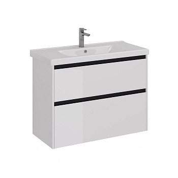 Тумба Lemark COMBI 100см под 1 раковину, подвесная/напольная, 2 ящика, цвет планки: Чёрный, цвет корпуса, фасада: Белый глянец